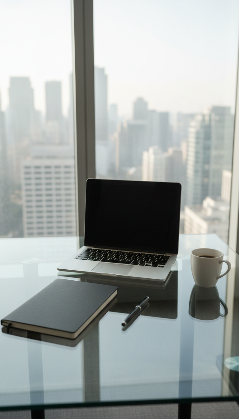 An elegant silver laptop with a slim, modern profile and a brushed aluminum finish, positioned open on a spotless glass table surrounded by carefully placed stationary—smooth black notebook, fine-tip pen, and a minimalist ceramic mug. The sleek workspace overlooks an urban skyline through floor-to-ceiling windows, bathed in diffused morning light that delicately illuminates the setup and casts gentle, precise shadows. Captured from a slightly elevated angle, the composition uses the rule of thirds, highlighting clean lines and uncluttered surfaces. The atmosphere communicates focused professionalism and organized calm, aligning with a clean, photographic, and corporate visual style.