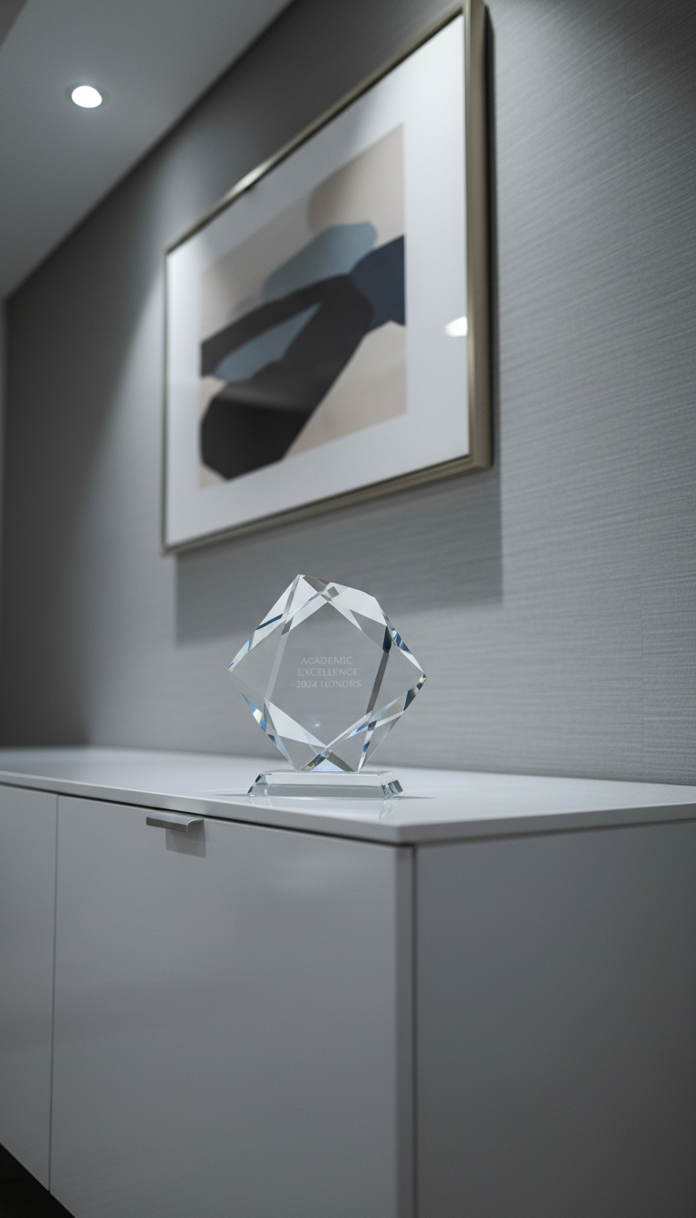 A geometric glass award or trophy with an etched inscription, placed precisely at the center of a modern sideboard finished in smooth white lacquer. The background features a textured grey wall adorned with a single, minimalist abstract artwork in muted tones. Focused cool LED spotlights shine on the award, creating crisp, angular reflections and subtle gradients along its clear surfaces. The scene is shot from a low-angle, slightly off-center composition for visual intrigue, using shallow depth of field to softly blur the background. The mood is quietly celebratory and dignified, exuding a refined, corporate feel appropriate for academic recognition.