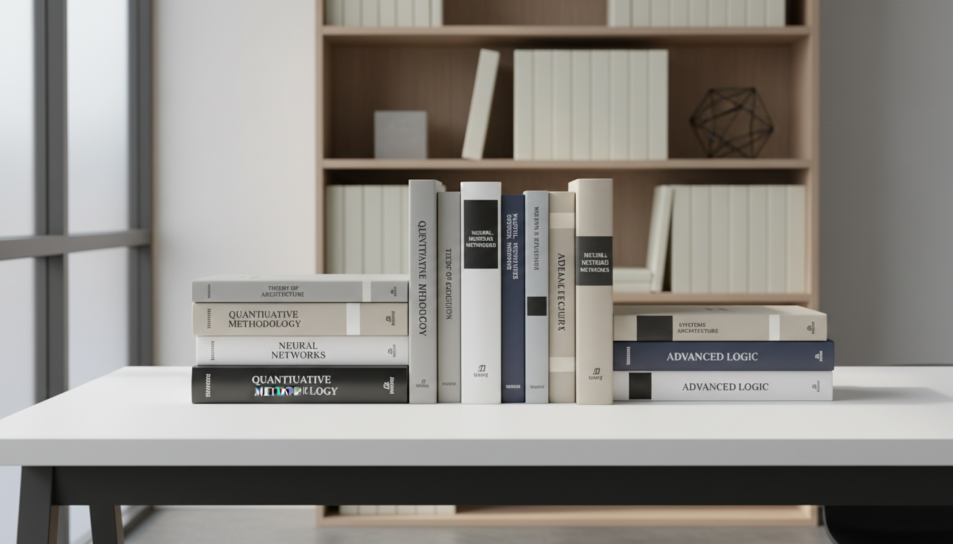 A precisely stacked arrangement of hardcover academic books with crisp dust jackets in calm neutral tones, featuring clean, block-lettered spines with subtle metallic titles. The books are standing on a pristine matte white desk with sharp edges, backed by a minimalist bookshelf lined with neatly ordered journals and understated geometric decor. Gentle daylight filters in from a frosted window, producing soft highlights and understated shadows that emphasize the structured layout. The scene is composed from an eye-level perspective for balanced symmetry and a sense of professionalism, with a sharp focus throughout the image. The mood is orderly and scholarly, projecting a modern, corporate aesthetic befitting an academic portfolio.