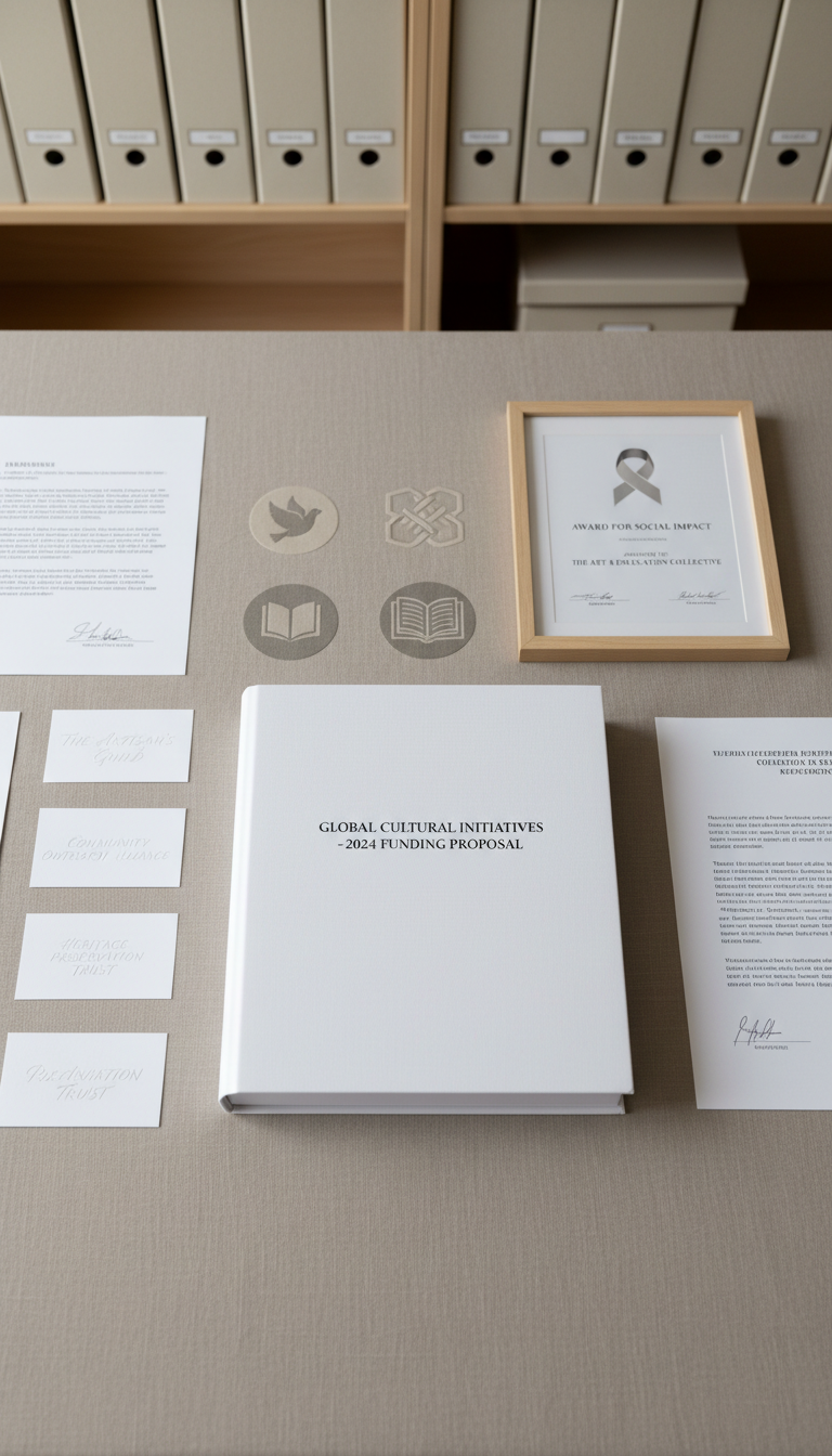 A meticulously arranged collection of charity and cultural organization documents—pristine grant proposals, embossed business cards, and an award certificate—displayed on a clean, taupe linen desktop. Mixed with these papers are organizational logos rendered in tasteful grayscale. In the background, discreet shelves hold file boxes labeled with neutrally colored tags. The overhead lighting is bright, white, and diffuse, ensuring all elements are clearly visible without harsh shadows. Captured from a bird’s eye view, the image presents sharp details and precise composition, embodying transparency, professionalism, and organizational competence in line with the executive, academic portfolio theme.